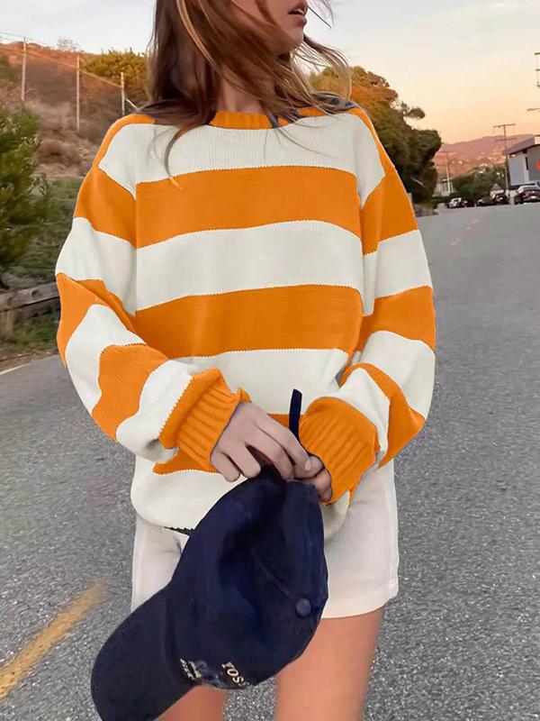 Women's Striped Print Drop Shoulder Sweater, Casual Fall Long Sleeve Round Neck Jumper, Fashion Women's Knitwear for Daily Wear, Utah Girl Fits, Utah Girl Fits, Preppy 80s Clothes