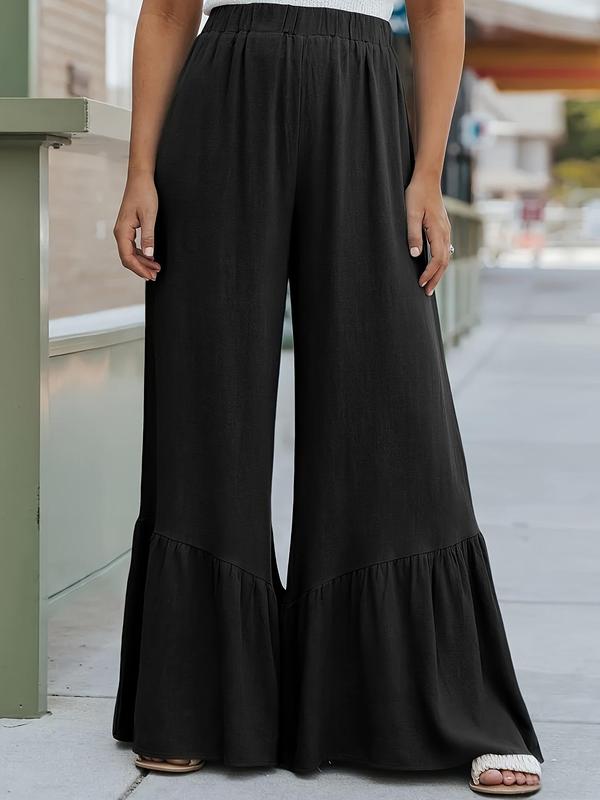  Solid Ruffle Trim Elastic Waist Wide Leg Pants, Casual Comfy Trousers for Daily Wear, Women's Bottoms for All Seasons