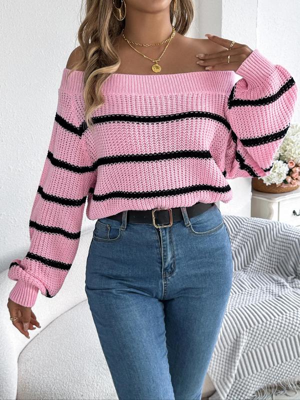 Women's Striped Print Off Shoulder Bishop Sleeve Sweater, Casual Long Sleeve Jumper for Fall & Winter, Fashion Ladies' Knitwear for Daily Wear