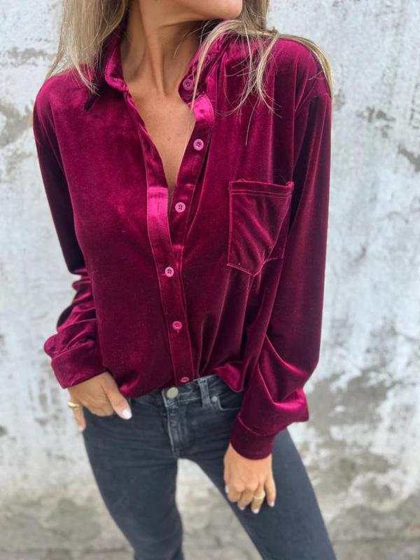 Women's Velvet Button Front Pocket Shirt, Casual Long Sleeve Collared Top for Fall & Winter, Women's Clothes for Daily Wear Blouse