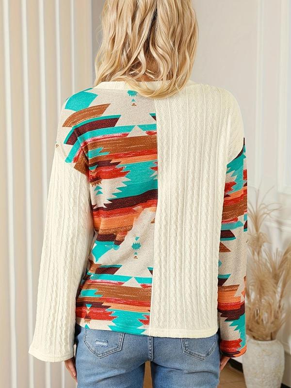 Women's Patchwork Print Flounce Sleeve Sweatshirt, Fall Outfits, Casual Textured Long Sleeve V Neck Pullover For Fall, Fashion Women's Clothes For Daily Wear