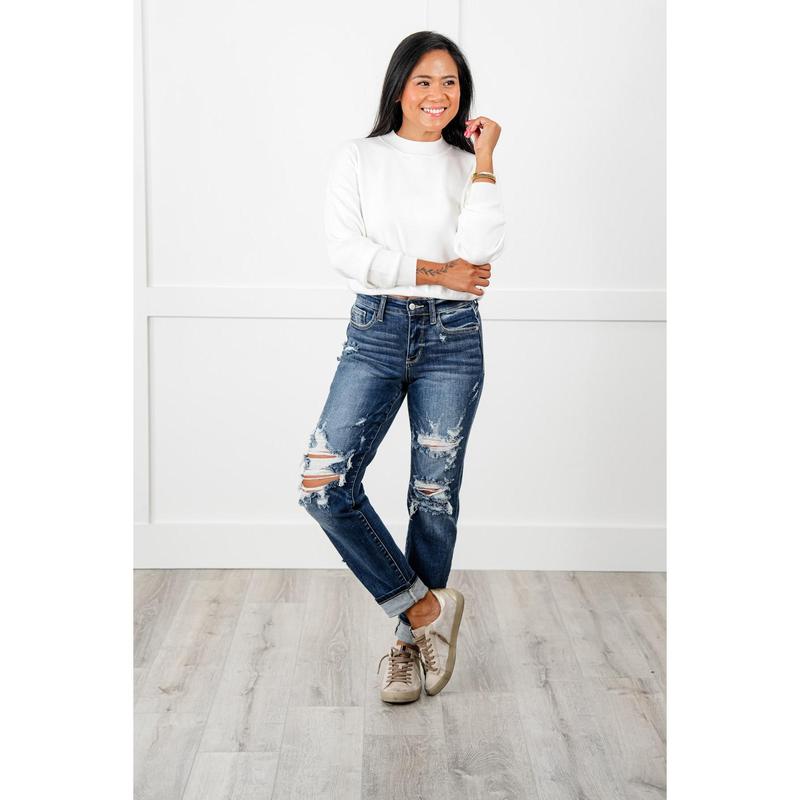 Judy Blue Dream Team Medium Wash Distressed Mid Rise Boyfriend Jeans