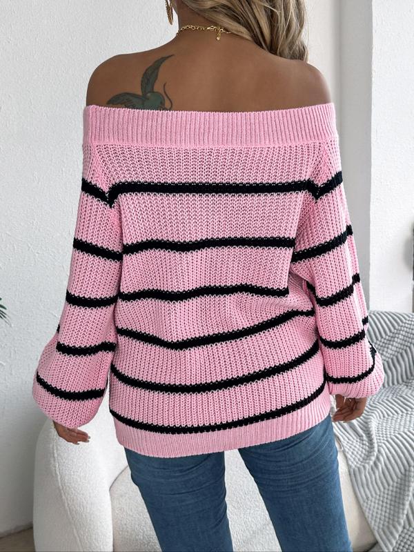 Women's Striped Print Off Shoulder Bishop Sleeve Sweater, Casual Long Sleeve Jumper for Fall & Winter, Fashion Ladies' Knitwear for Daily Wear