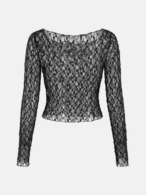 YOZY Women's Plain Scoop Neck Sheer Lace Top, Elegant Long Sleeve Top for Daily Wear, Ladies Clothes for All Seasons