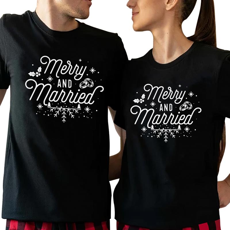 Merry And Married Couples Matching Christmas T-Shirts, Comfort Cotton, Size For All Body, Shirts For Couples, Gift For Husband Wife Casual Comfortable