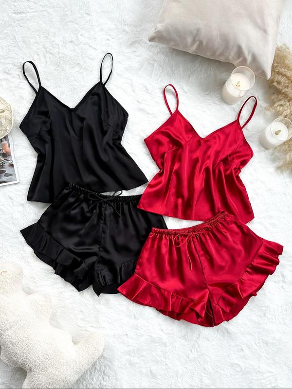 Women's Solid V Neck Cami Top & Elastic Waist Bow Decor Shorts Satin Pyjama Set, Elegant Adjustable Spaghetti Strap Camisole & Ruffle Hem Shorts PJ Set, Ladies Sleepwear for All Seasons