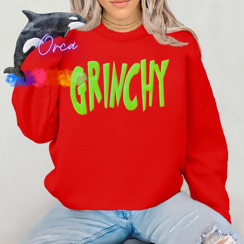 Orca ~ GRINCHY Unisex Sweatshirts with Lime Green Glitter Puff ~ Small - 4XL Christmas Crewneck Casual Womenwear