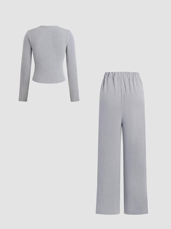 Two-piece Set Women's Solid Button Front Ribbed Crop Top & Elastic Waist Pants, Casual Long Sleeve Round Neck Top & Trousers 2 Piece Set for Spring & Fall, Women's Clothes for Daily Wear