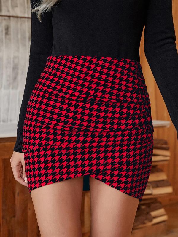 Women's Houndstooth Print Ruched Wrap Bodycon Skirt, Elegant Asymmetrical Hem High Waist Skirt for Daily Wear, Ladies Bottoms for All Seasons, Fall Outfits, Fallfreshness Clothes