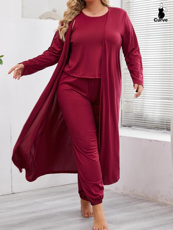 Plus Size Solid Long Sleeve Open Front Robe & Round Neck Tank & Pants Pyjama Three-piece Set, Pajama Sets Women, Casual Comfy Three-piece Sleepwear Wear for Women, Women's Basic Sleepwear for Spring & Fall, Fall Wear, Fallfreshness