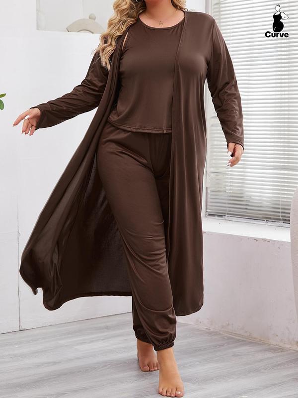 Plus Size Solid Long Sleeve Open Front Robe & Round Neck Tank & Pants Pyjama Three-piece Set, Pajama Sets Women, Casual Comfy Three-piece Sleepwear Wear for Women, Women's Basic Sleepwear for Spring & Fall, Fall Wear, Fallfreshness