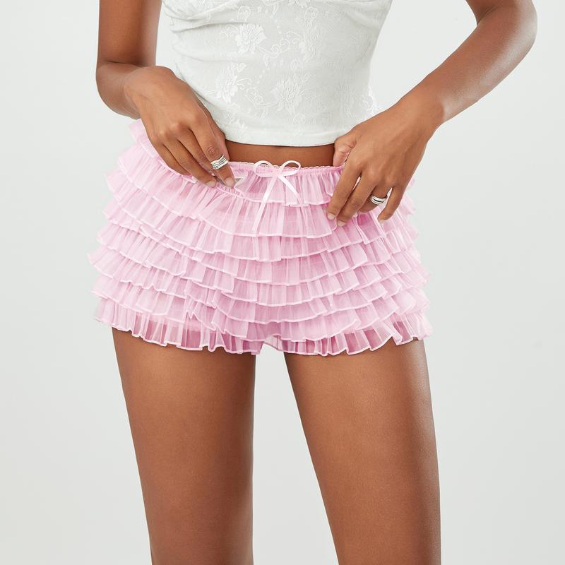 Women Summer Ruffled Frilly Shorts Solid Color Multi-Layer Mesh Short Pants Sweet Cute Bloomers