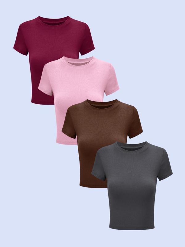 Women's Solid Round Neck Tee, Casual Short Sleeve Crew Neck T-Shirt for Summer, Fashion Simple Basic Women's Top for Daily Wear, Summer Outfits 2024, Going Out Tops