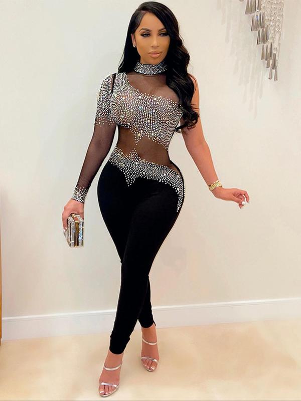 Women's Rhinestone Decor Cut Out Mock Neck Semi-sheer Skinny Jumpsuit, Asymmetrical Long Sleeve Jumpsuit for Party Club Dating, Ladies Summer Clothes