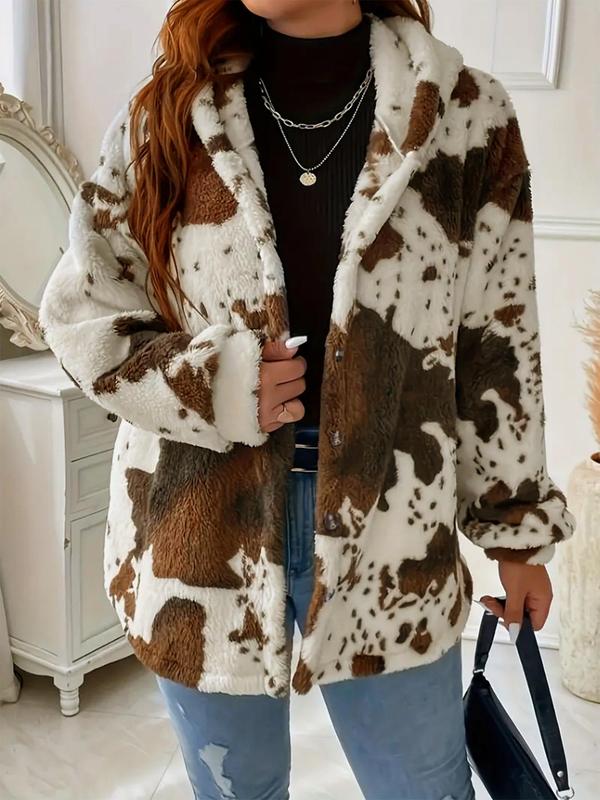 Women's Cow Print Button Front Hooded Fuzzy Coat, Casual Long Sleeve Drop Shoulder Outerwear for Fall & Winter, Women's Clothes for Daily Wear, Fall Outfits, Fallfreshness Clothes