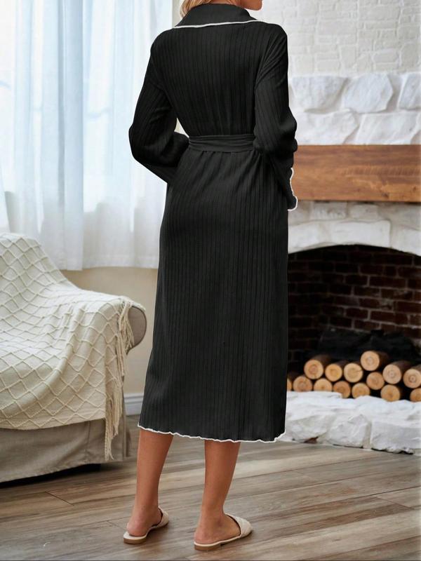 Women's Contrast Binding Belted Wrap Lounge Robe, Casual Long Sleeve Gown, Ladies Sleepwear for Spring & Fall