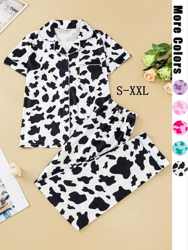 Women's All Over Cow Print Contrast Binding Lapel Shirt & Elastic Waist Pants Pyjama Two-piece Set, Fall Clothes, Casual Comfy Short Sleeve Pocket Button Up Top & Trousers Pj Set, Women's Sleepwear for Spring & Fall, Back To School Pj Set