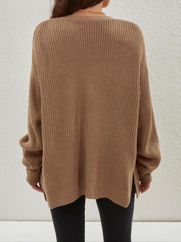 Women's Plain Split Hem Drop Shoulder Cardigan, Casual Long Sleeve Open Front Knitwear for Spring & Fall, Fashion Women's Knit Clothing for Daily Wear