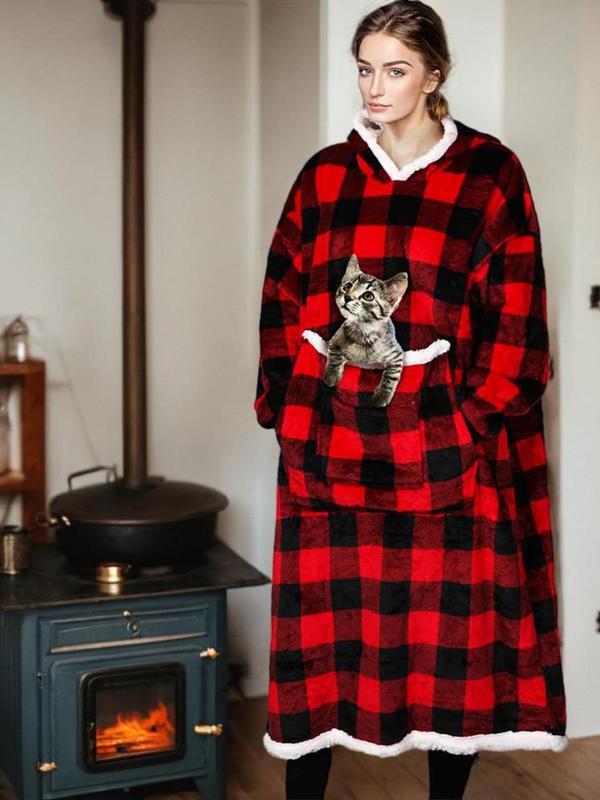 Christmas Women's Plaid Print Contrast Faux Fur Trim Hooded Lounge Robe, Casual Drop Shoulder Long Sleeve Bathrobe Loungewear, Ladies Sleepwear for Fall & Winter