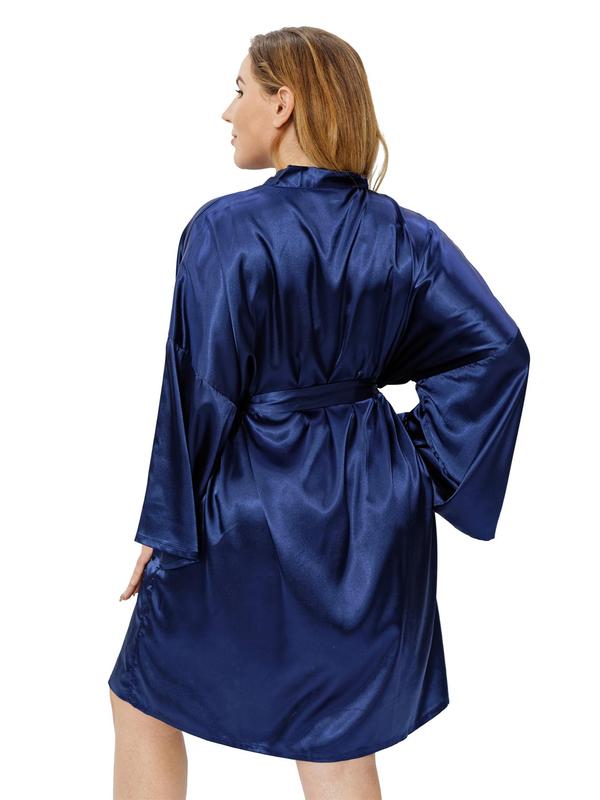 Plus Size Solid Belted Wrap Drop Shoulder Satin Robe, Casual Long Sleeve V Neck Dressing Gown for Daily Home Wear, Women's Sleepwear for All Seasons