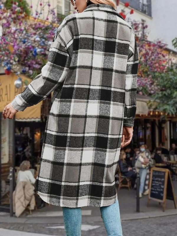 Women's Colorblock Plaid Print Button Front Drop Shoulder Coat, Casual Long Sleeve Collared Pocket Coat for Fall & Winter,  Winter Clothes Women, Women's Clothing for Daily Wear, Fall Clothes Outerwear