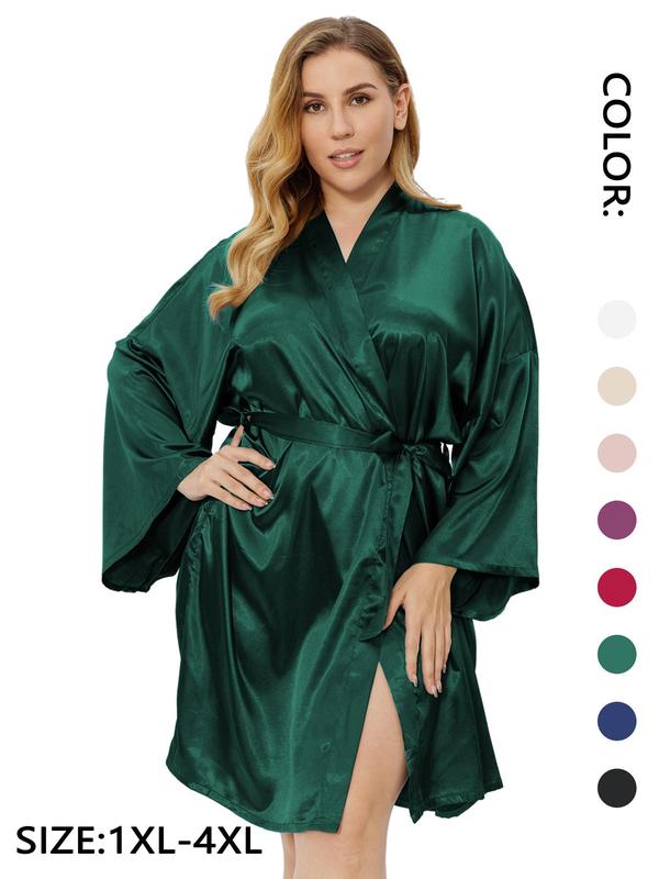 Plus Size Solid Belted Wrap Drop Shoulder Satin Robe, Casual Long Sleeve V Neck Dressing Gown for Daily Home Wear, Women's Sleepwear for All Seasons