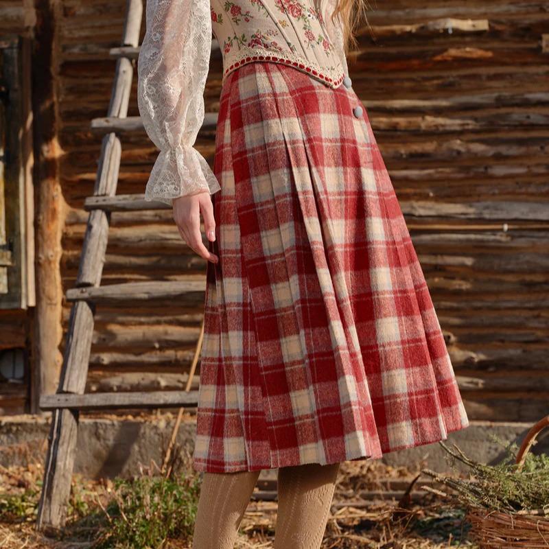 Rosey Christmas Cottage Skirt - 2024 Summer French Vintage Scottish Plaid A-Line Pleated Long Skirt