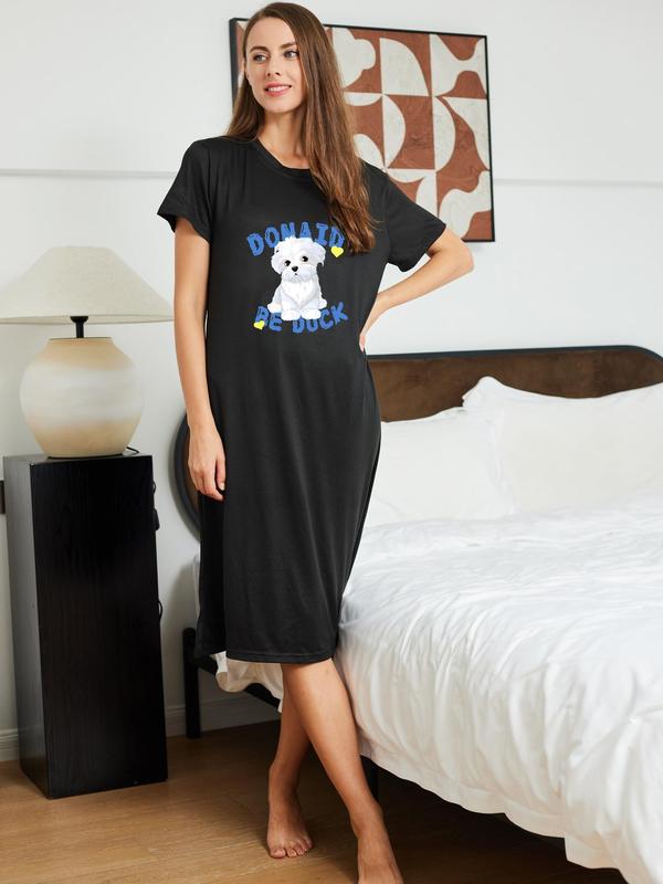 Women's Cartoon Little Dog & Letter Print Nightdress, Summer Clothes Women, PJ Dress, Women's Nighties, Casual Round Neck Short Sleeve Nighty Dress