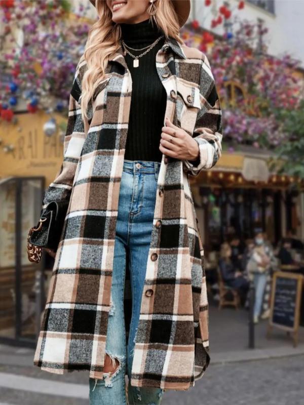 Women's Colorblock Plaid Print Button Front Drop Shoulder Coat, Casual Long Sleeve Collared Pocket Coat for Fall & Winter,  Winter Clothes Women, Women's Clothing for Daily Wear, Fall Clothes Outerwear