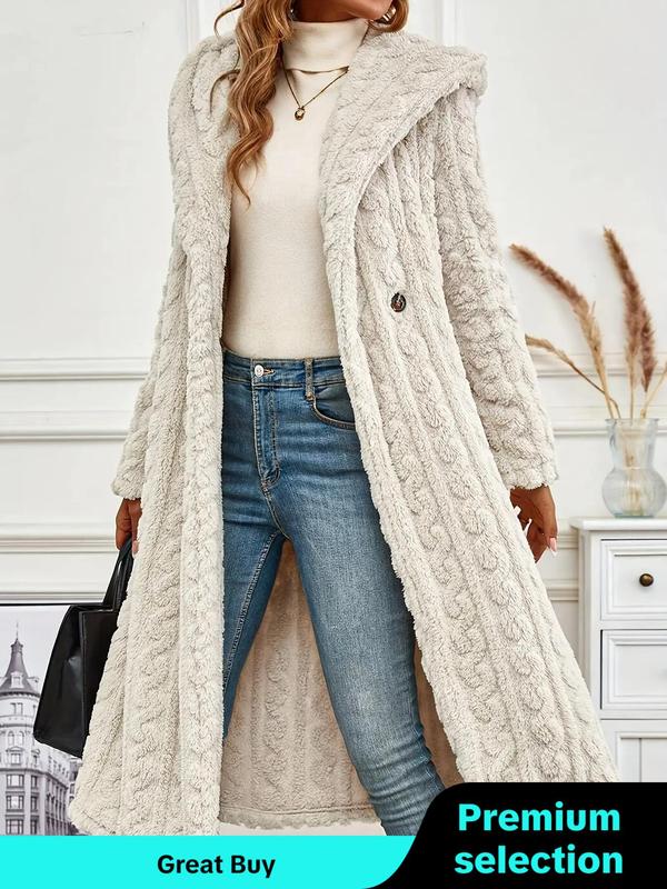 Women's Solid Textured Long Sleeve Fuzzy Hooded Coat, Casual Jackets, Open Front Plush Outerwear for Fall & Winter, Women's Clothing for Daily Wear