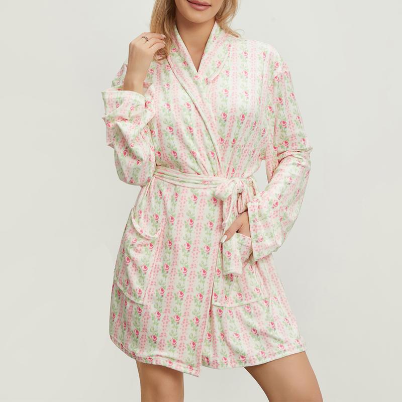 Women Y2k Fruit Robe Fleece Shawl Collar Bathrobe with Belt Cozy Spa Long Robe Open front Nightgown Loungewear