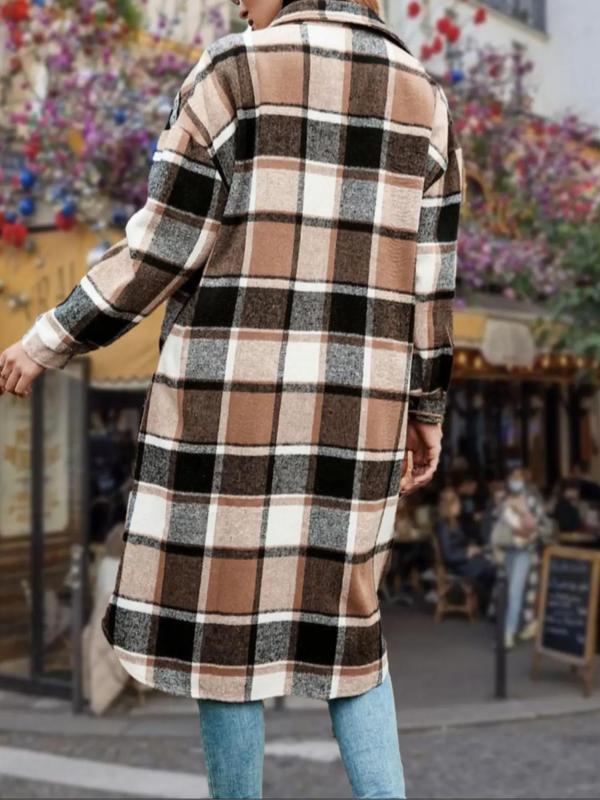 Women's Colorblock Plaid Print Button Front Drop Shoulder Coat, Casual Long Sleeve Collared Pocket Coat for Fall & Winter,  Winter Clothes Women, Women's Clothing for Daily Wear, Fall Clothes Outerwear