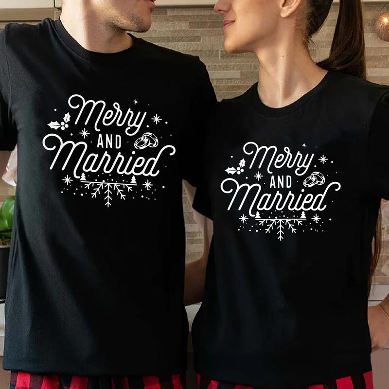 Merry And Married Couples Matching Christmas T-Shirts, Comfort Cotton, Size For All Body, Shirts For Couples, Gift For Husband Wife Casual Comfortable