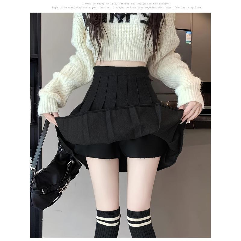 Women's Pleated Skirt, Black A-Line Mini Skirt, Polyester, Slimming, Young Style, Solid Color, Fall Winter, Zipper Closure, Woven Fabric, Fashion Clothing Womenswear Bottom Womenswear Bottom Comfort Basic Minimalist Womenswear Bottom