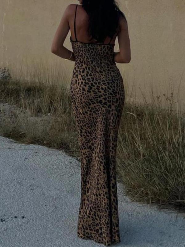 Women's All Over Leopard Print Tie Front Cami Bodycon Dress, Summer Clothes Women, Fashion Backless Spaghetti Strap Long Dress, Women's Clothing