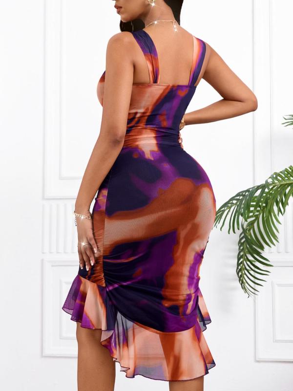 Women's All Over Print Ruched Ruffle Hem Bodycon Dress, Fashion Casual Backless Sleeveless Midi Dress for Party Club Dating Wear, Dresses for Women, Summer Dresses 2024, Women's Casual Wear Clothing, Ladies Dress for All Seasons