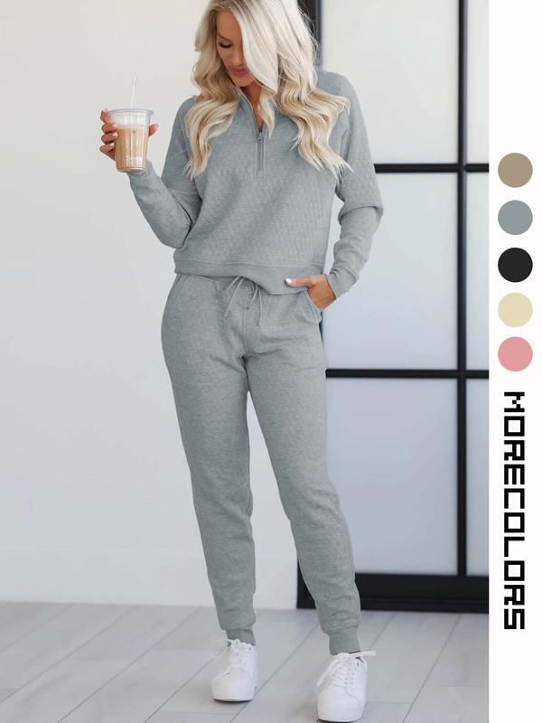 Two-piece Set Women's Solid Color Zip Up Hoodie & Drawstring Pocket Sweatpants, Casual Long Sleeve Hooded Top & Jogger Pants for Fall & Winter, Women's Clothes for Daily Wear