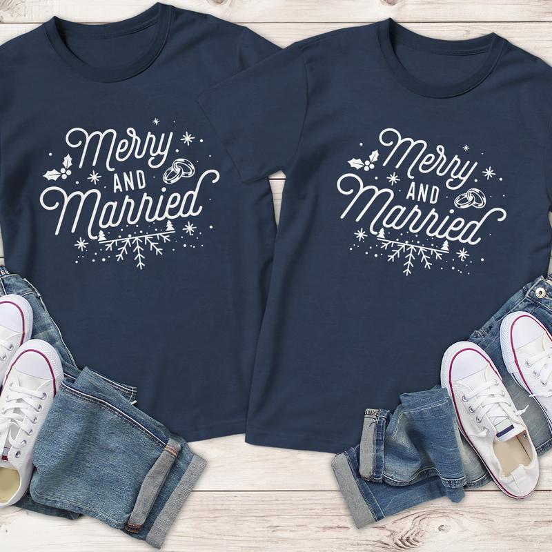 Merry And Married Couples Matching Christmas T-Shirts, Comfort Cotton, Size For All Body, Shirts For Couples, Gift For Husband Wife Casual Comfortable