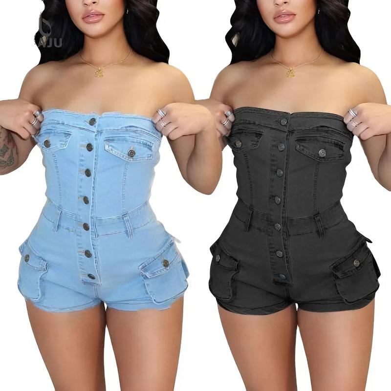 Summer Women Casual Jeans Jumpsuit Off Shoulder Elastic Denim Rompers One Piece Jumpsuit Blue Denim Short Jumpsuit