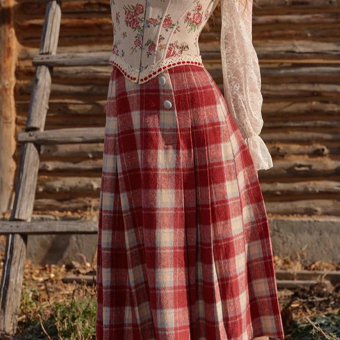 Rosey Christmas Cottage Skirt - 2024 Summer French Vintage Scottish Plaid A-Line Pleated Long Skirt