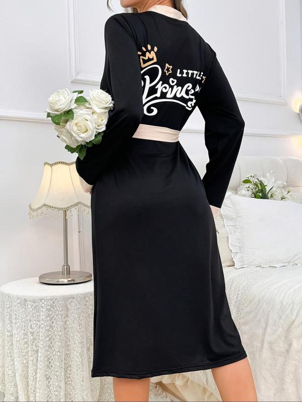 Women's Contrast Trim Letter & Crown Print Belted Sleep Robe, Comfy Casual Long Sleeve Midi PJ Robe, Ladies Sleepwear for Spring & Fall