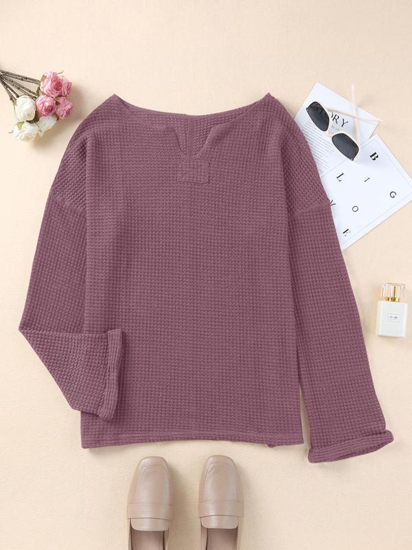  Solid Notched Neck Waffle Knit Sweatshirt, Casual Drop Shoulder Long Sleeve Pullover, Women's Fall & Winter Clothes for Daily Wear