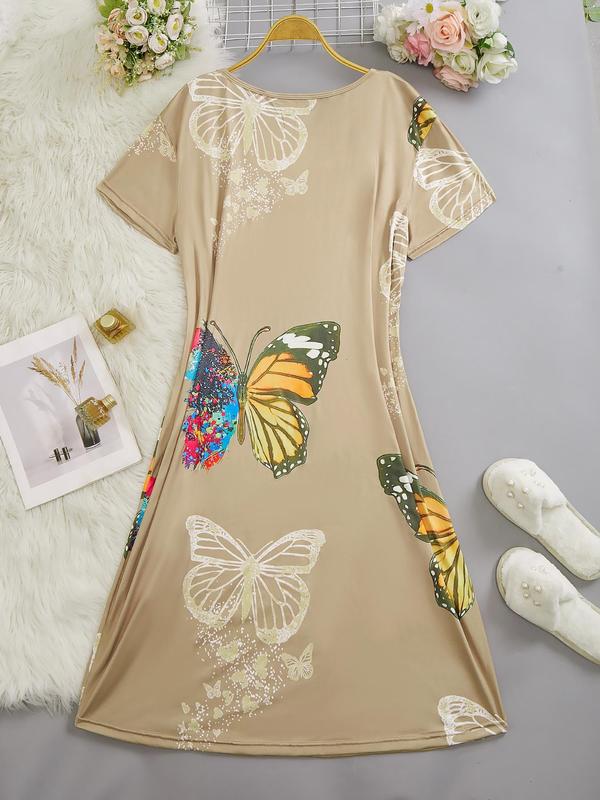  Butterfly Print Round Neck Nightdress, Casual Soft Comfortable Short Sleeve Nightgown for Women, Women's Sleepwear for All Seasons