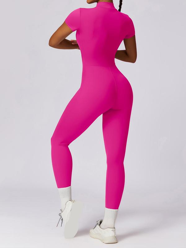 Women's Solid Zip Up Mock Neck Sports Jumpsuit, Casual Sporty Comfy High Waist Jumpsuit for Yoga Gym Workout Running Cycling, Ladies Sportswear for All Seasons