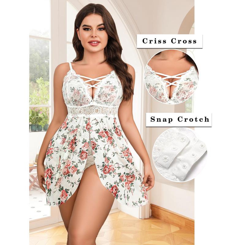 Avidlove Plus Size Hot Soft Womenswear Womens Snap Crotch Lingerie V Neck Lace Nighty Sleepwear L-5XL