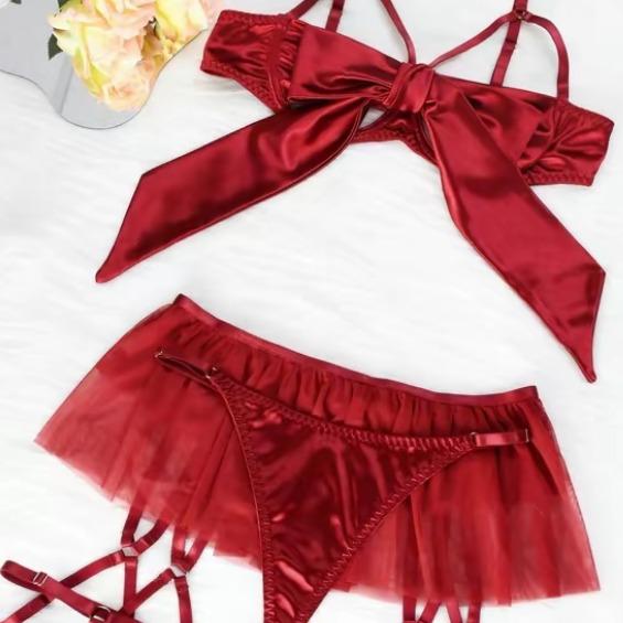 Women's 6pcs Sexy Silk Bow Front Push Up Bra Lingerie Set,Comfortable Underwear, girls conguet te outfit Nightdress Red Black ingerieset Womenswear Lady sexy Sleepwear Elegance Feminine Basic Minimalist Nightgown Elegant Nightwear Spaghetti Strap