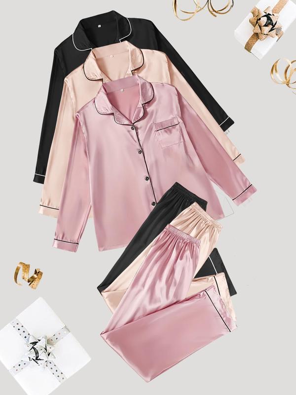 Women's Contrast Binding Satin Pyjama Set, Casual Long Sleeve Lapel Neck Button Front Shirt & Elastic Waist Pants Pj Set, Comfortable Sleepwear Set for Women,  Pyjamas for Women