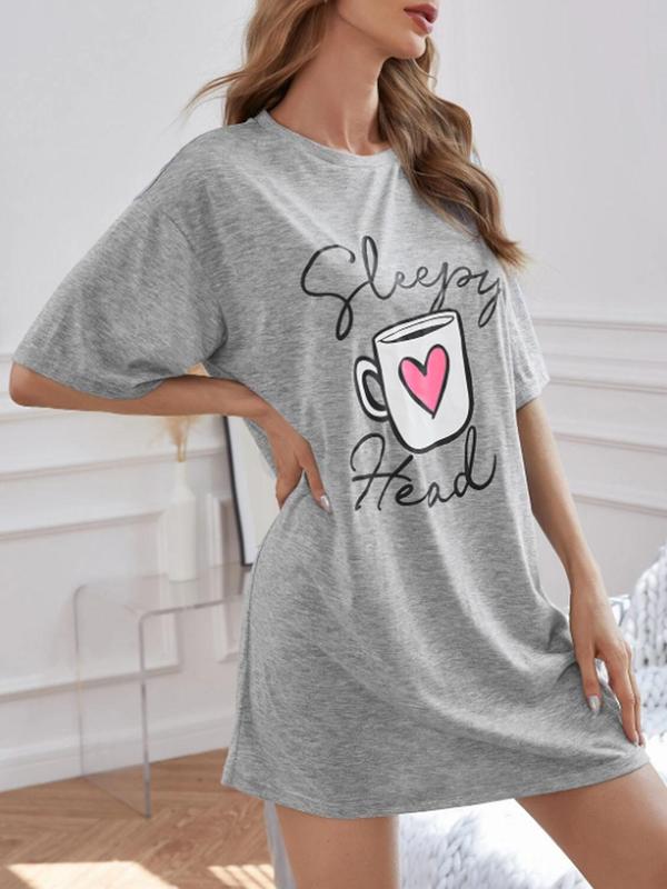 Women's Letter & Cup Print Drop Shoulder PJ Nightdress, Summer Clothes Women, Casual Soft Comfy Round Neck Half Sleeve Nightgown Nighties for Summer, Women's Sleepwear for Indoor Wear