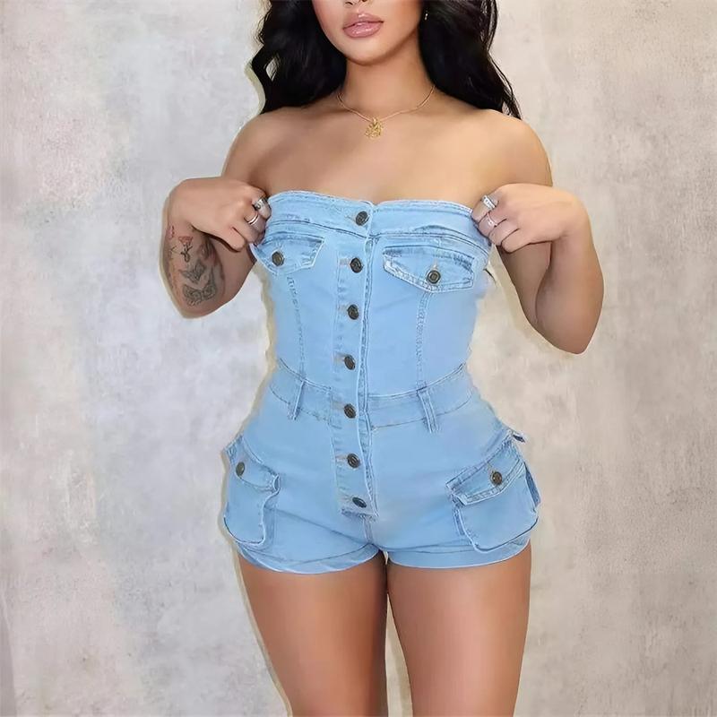 Summer Women Casual Jeans Jumpsuit Off Shoulder Elastic Denim Rompers One Piece Jumpsuit Blue Denim Short Jumpsuit