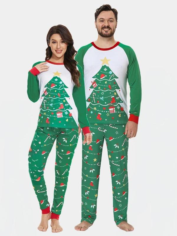 Couple's Christmas Themed Reindeer & Plaid Print Raglan Sleeve Pajama Two-piece Set, Casual Comfy Long Sleeve Top & Elastic Waist Pants Pj Set, Couple's Sleepwear for Spring & Fall,  Matching Bf and Gf